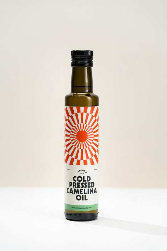 Bottle of Janefield's cold pressed camelina oil.